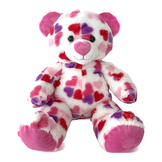 White teddy bear plush covered in pink and purple hearts