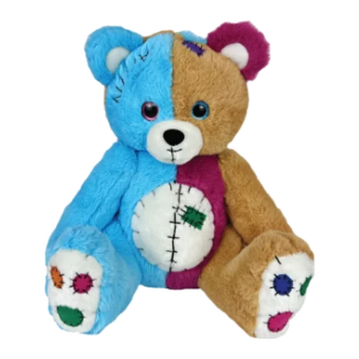 Blue and tan patchwork teddy bear with stitched seams