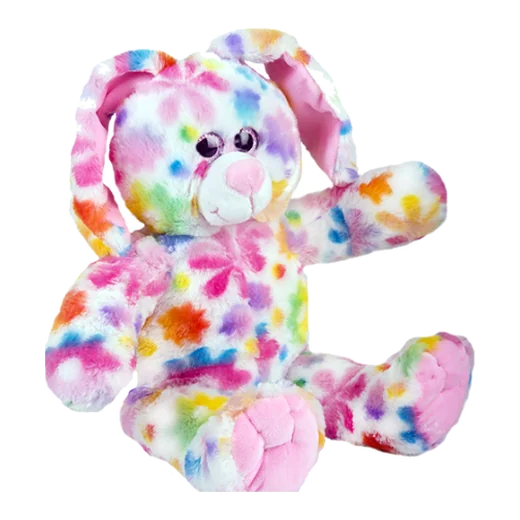 White bunny plush with rainbow spots and long ears