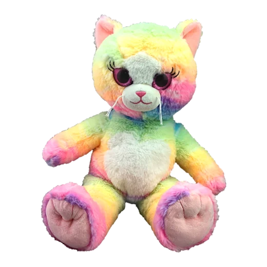 Pastel rainbow cat plush with long lashes