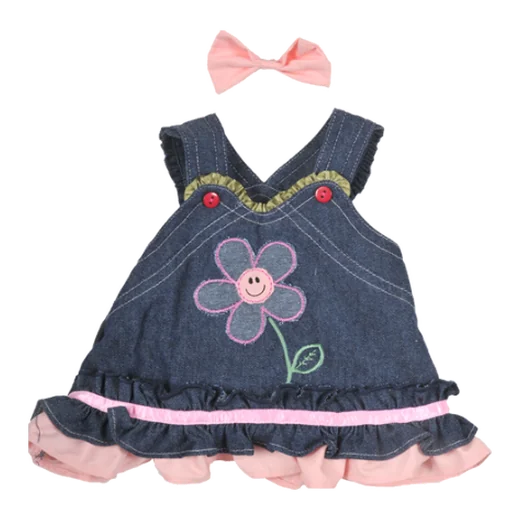 Denim pinafore dress with a flower applique and a pink hair bow