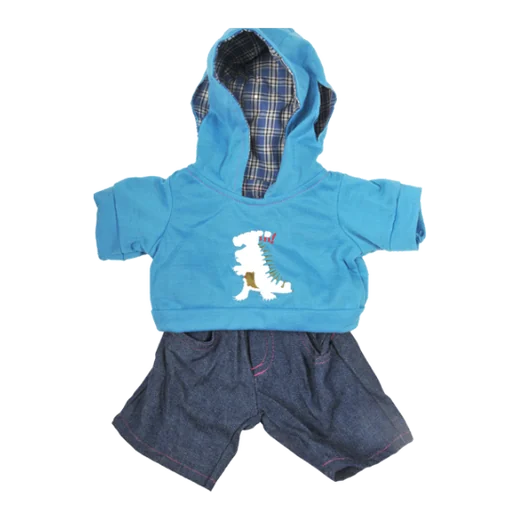 Blue dinosaur hoodie with plaid lining and denim shorts for a plush