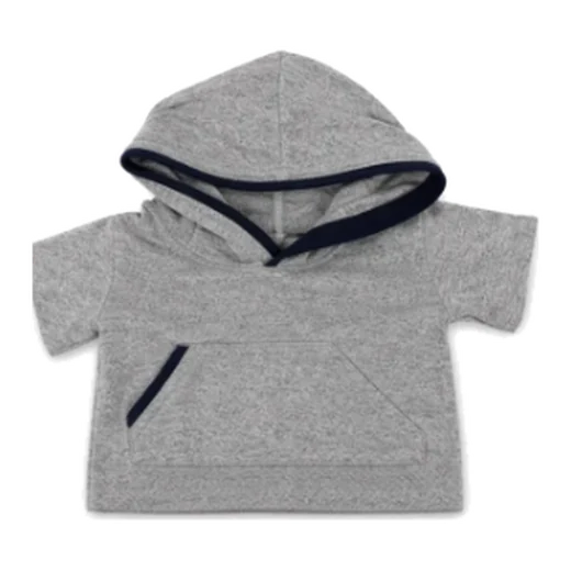 Grey pullover hoodie with navy trim and a front pocket