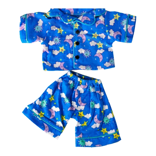 Blue flannel plush pajama set printed with clouds, moons and stars