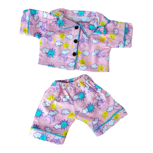 Pink flannel plush pajama set printed with clouds, moons and stars