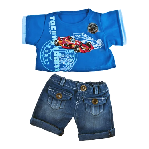 Blue race car t-shirt and cuffed denim shorts for a plush