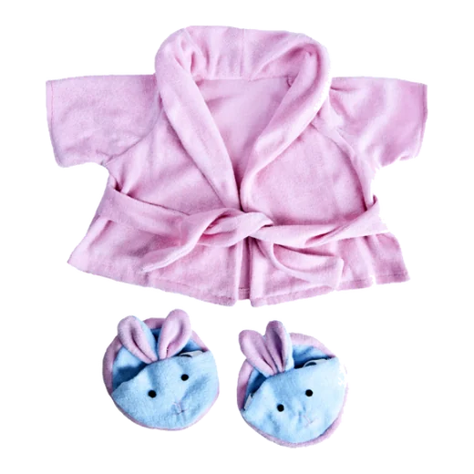 Pink plush bathrobe with blue bunny slippers