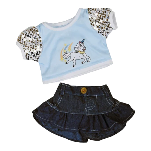 Light blue unicorn t-shirt with sequin sleeves and a denim skirt
