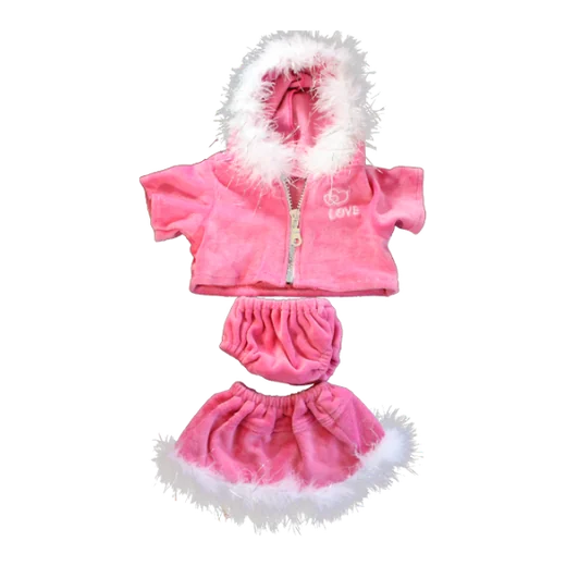 Pink velour hoodie, bloomers and skirt with white feather trim