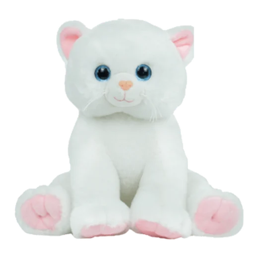 White kitten plush with pink ears and blue eyes